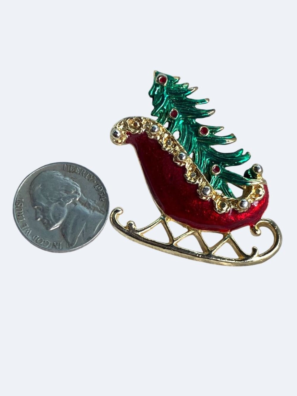 Christmas Sleigh Pin Brooch With Red Enamel Green Tree Design Christmas - Picture 7 of 11